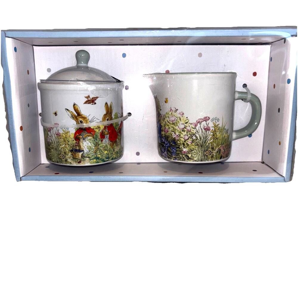 Peter Rabbit Creamer and Sugar Set Easter Bunny Ceramic Beatrix Potter NEW